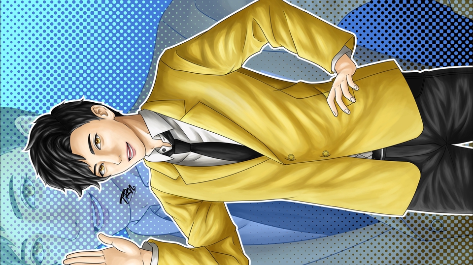 Ilustrasi seorang pria berjas kuning dengan latar belakang biru