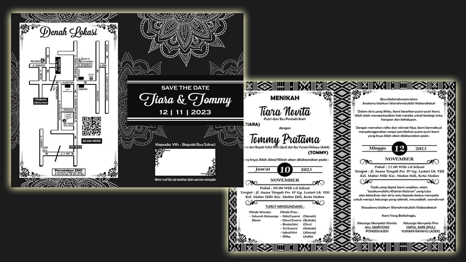 Desain undangan pernikahan unik Tiara dan Tommy dengan desain kartu nama, brosur, spanduk, dan poster.