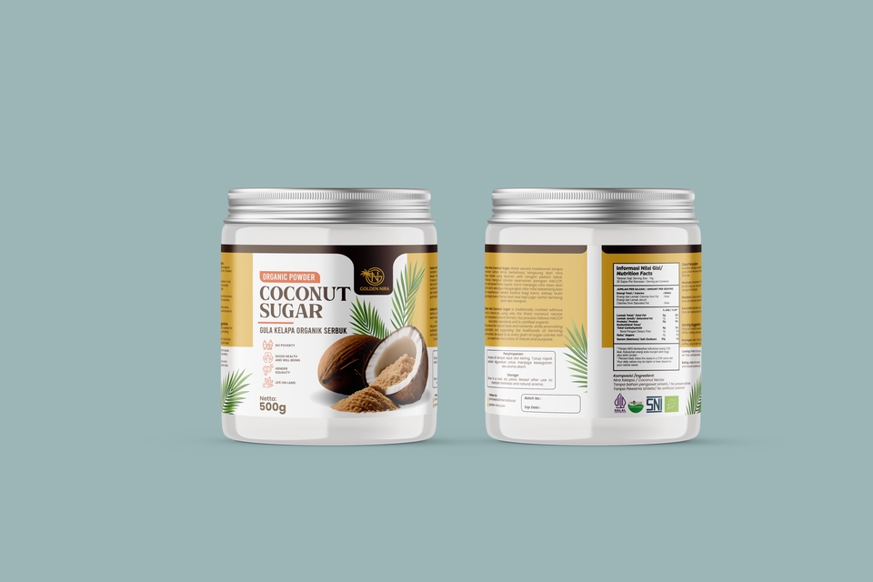 Jasa desain kemasan produk makanan organik, desain kemasan coconut sugar, desain label makanan unik