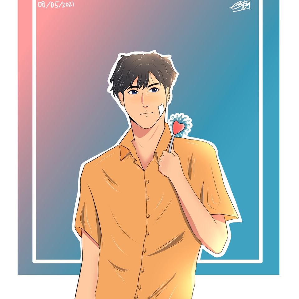 Ilustrasi digital seorang pria dengan rambut cokelat dan mengenakan kaos berwarna kuning memegang permen hati biru