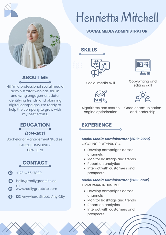 รับทำเรซูเม่ รับทำพอร์ตฟลิโอ Henrieta Mitchell Social Media Administrator