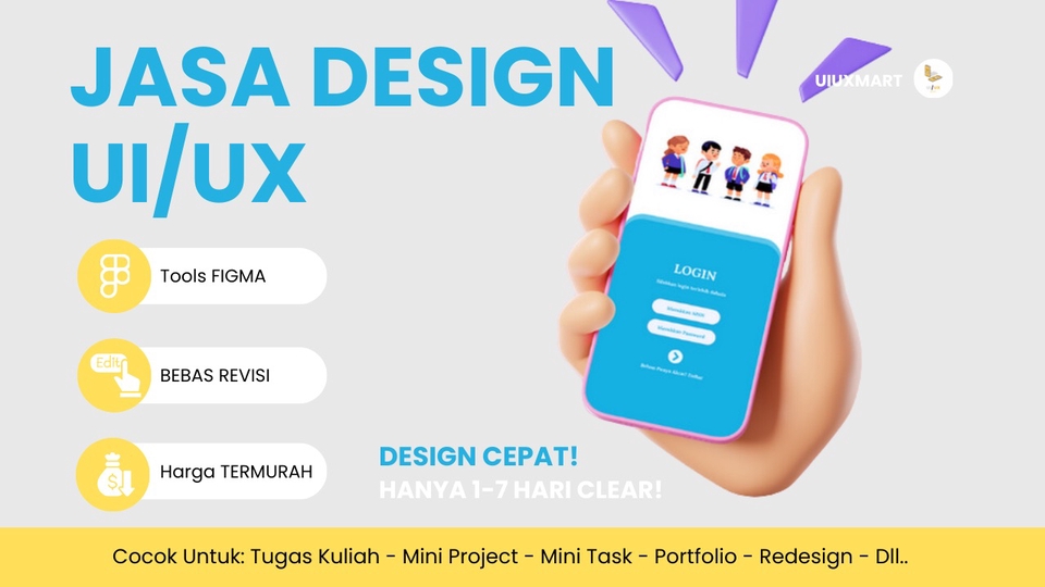 Jasa desain UI UX mobile app, freelancer UI UX dengan harga termurah dan revisi bebas.  Desain UI UX cepat hanya 1-7 hari.  Buat desain mockup mobile app, website, UI UX web, UI UX design, aplikasi desktop, user experience design, user interface design.