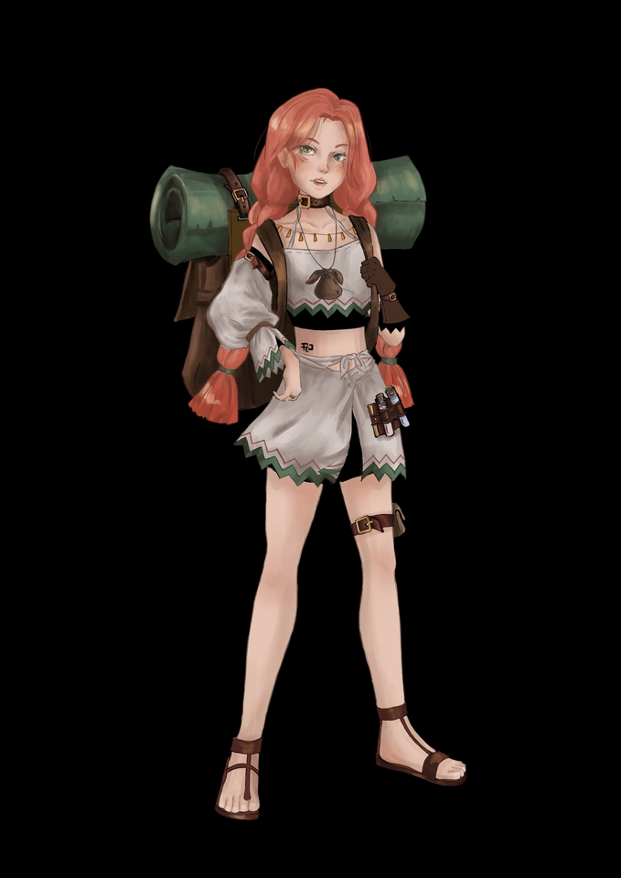 รับวาดภาพเหมือนหญิงสาวผมสีชมพูสวมชุดนักเดินทาง