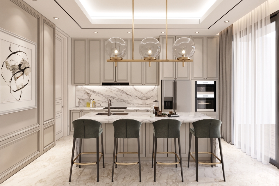 Jasa desain interior rumah minimalis dengan kitchen set modern dan kursi bar yang stylish.