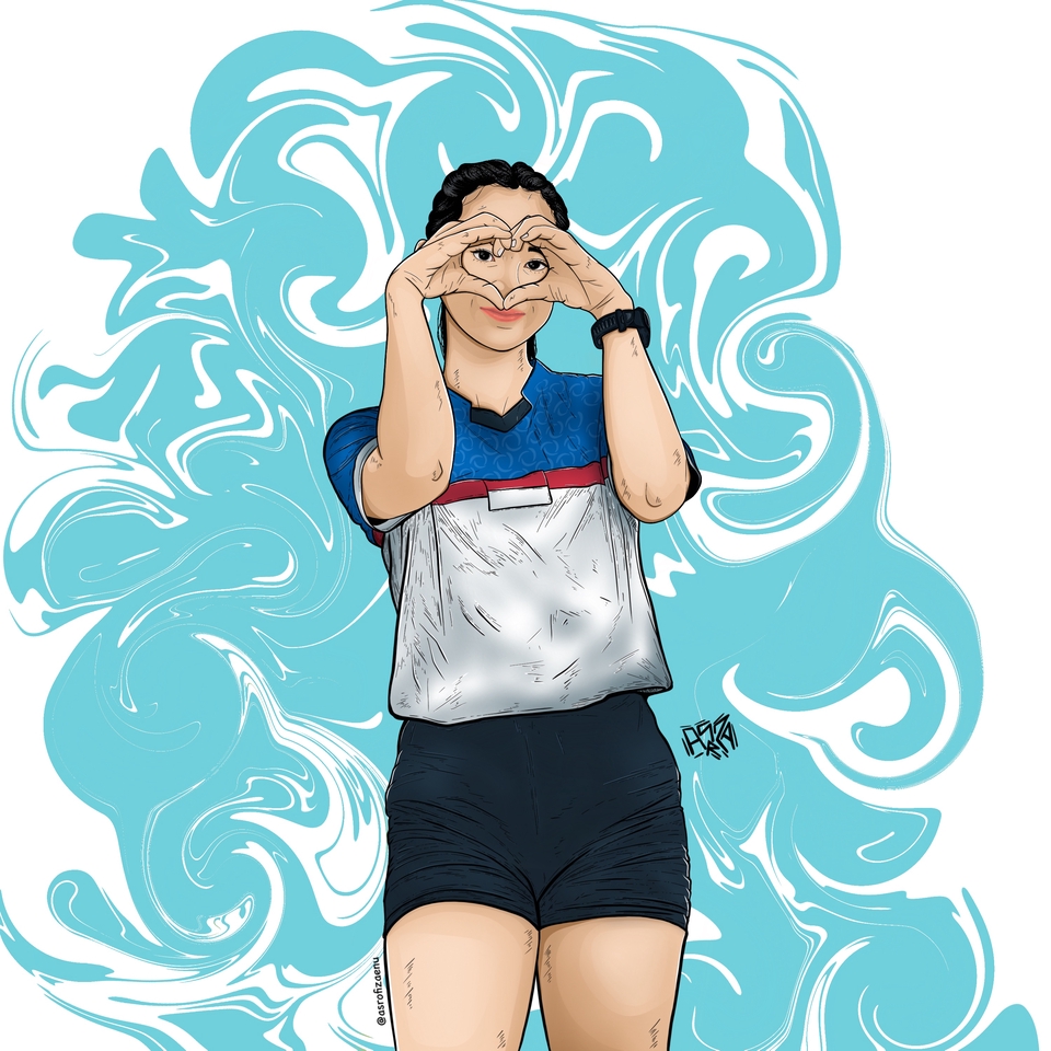 Jasa pembuatan karikatur digital wanita dengan gaya kartun hitam putih, desain vektor ilustrasi freelance.