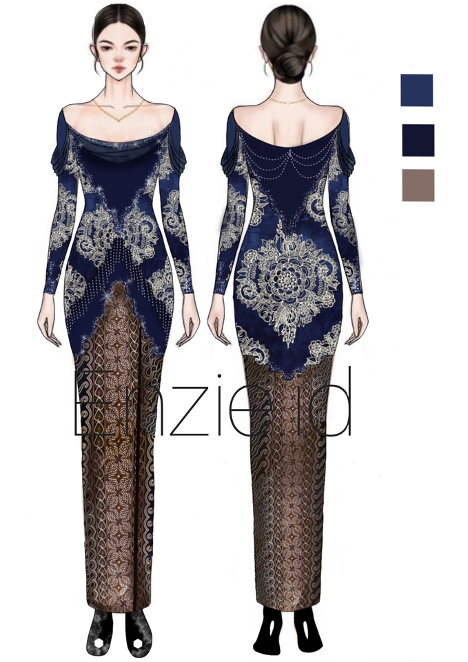 Desain baju wanita modern dengan detail bordir dan motif bunga, cocok untuk pesta atau acara formal.