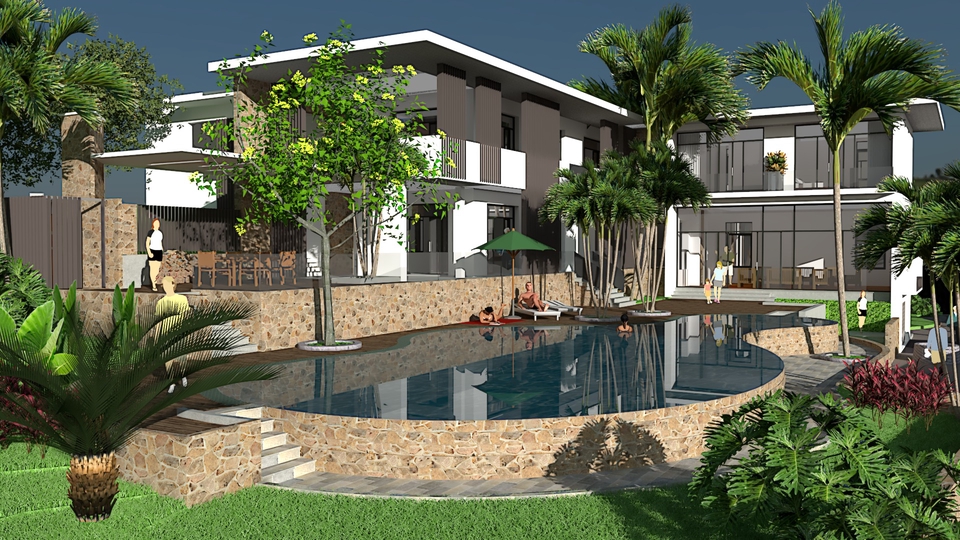 Jasa desain arsitektur dan desain interior rumah minimalis modern dengan kolam renang dan taman hijau, layanan freelance 3D.