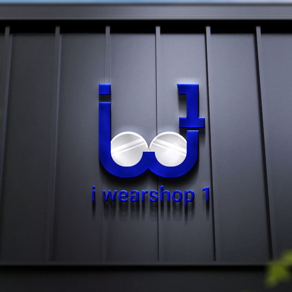 Logo i wear shop 1 dengan desain kacamata berwarna biru dan putih, untuk toko online