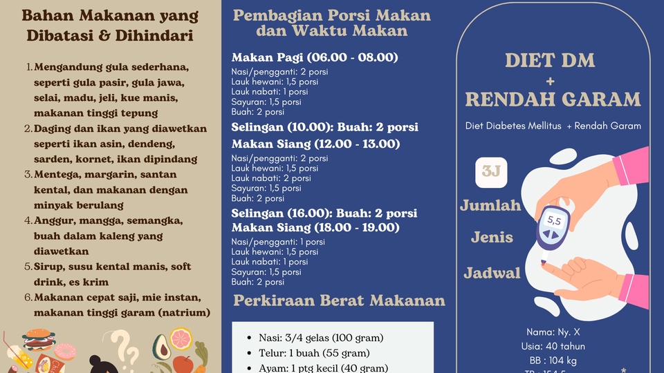 Desain infografis diet DM rendah garam, panduan porsi makan sehat. Buat infografis mudah dipahami, harga terjangkau.