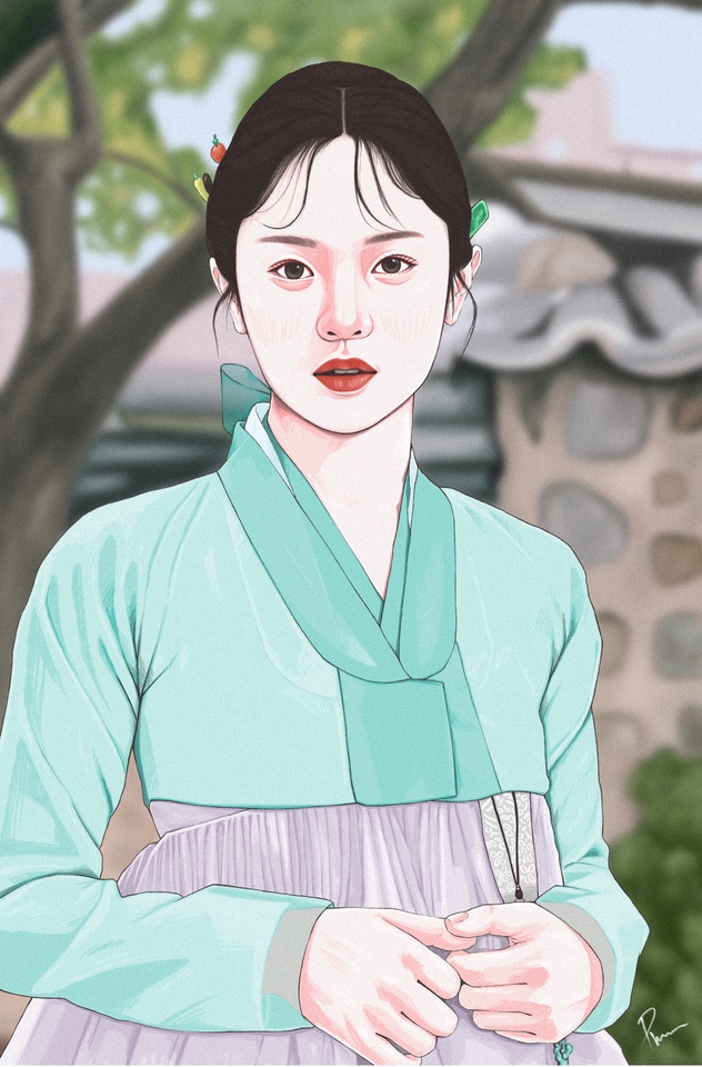 รับวาดภาพเหมือนหญิงสาวชุดฮันบก ภาพประกอบลายเส้นสีพาสเทล สวยงาม สไตล์เกาหลี