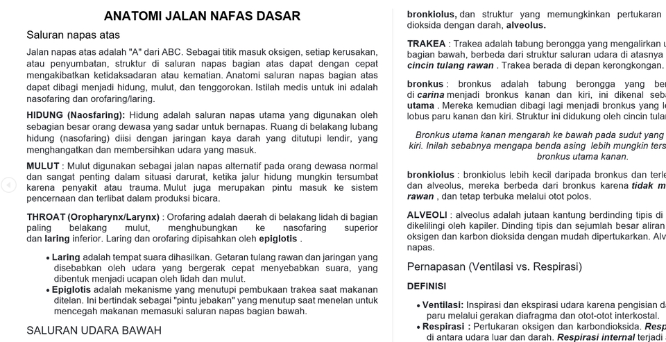 Diagram anatomi jalan nafas dasar, termasuk hidung, mulut, tenggorokan, laring, trakea, bronkus, bronkiolus, alveolus, pernapasan, dan ventilasi, untuk membantu pemahaman proses pernapasan.