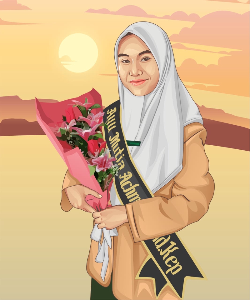 Jasa pembuatan karikatur wajah, gambar karikatur wanita cantik dengan hijab mengenakan selendang bertuliskan "Ayu Mutia Achm".