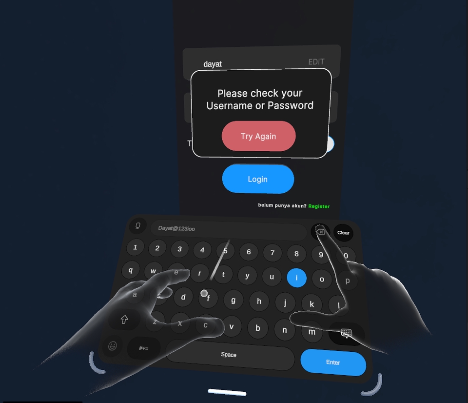 Jasa pembuatan virtual reality, login error di aplikasi VR.