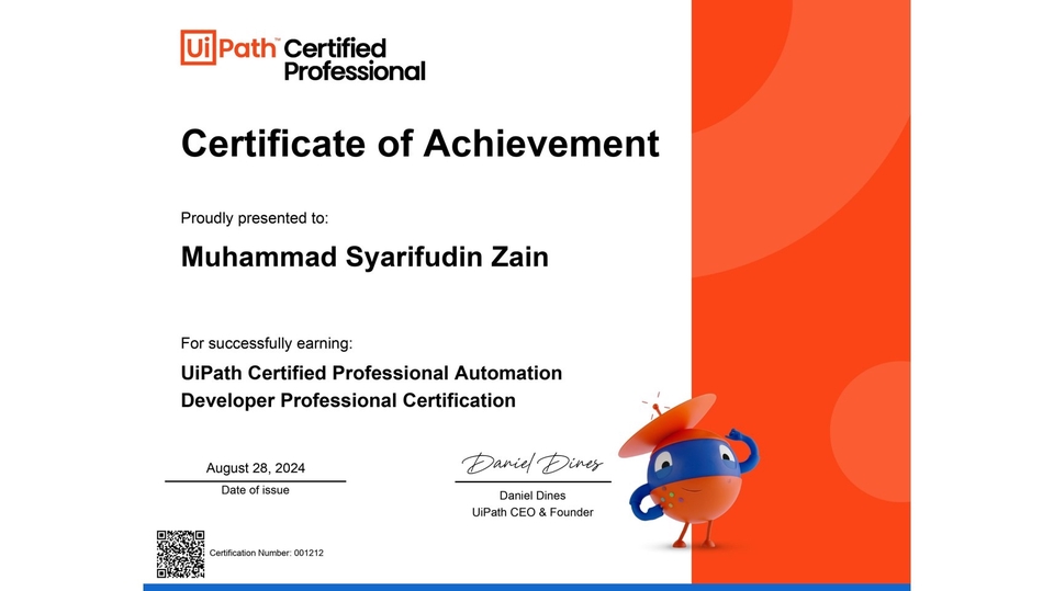Sertifikat UiPath Certified Professional Automation Developer untuk Muhammad Syarifudin Zain, bukti keterampilan robotika dan otomatisasi