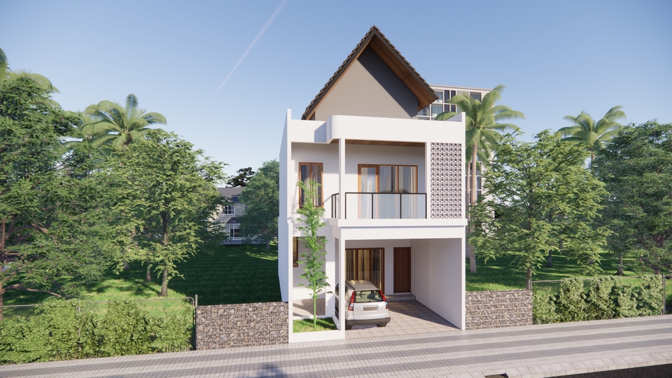 Jasa desain eksterior 3d rumah minimalis modern dengan kolam renang