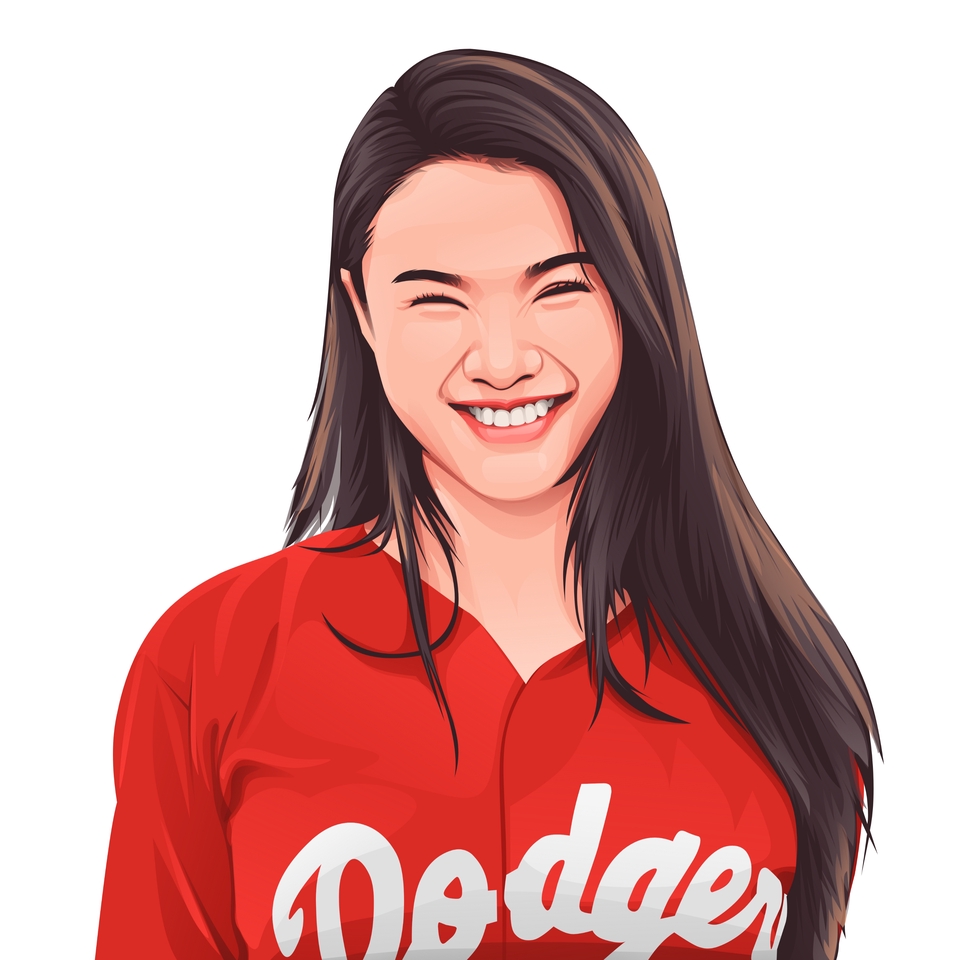 Jasa pembuatan karikatur wajah wanita dengan desain vektor berwarna merah dengan tulisan "Dodger"