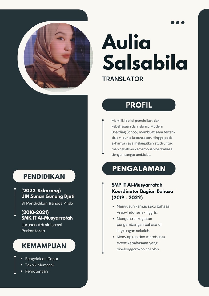 Aulia Salsa bila adalah jasa penerjemah freelance yang menawarkan jasa translate dokumen dan translate bahasa arab ke indonesia, jasa penerjemah online, penerjemah bahasa jepang, jasa penerjemah korea, jasa penerjemah mandarin, translate bahasa indonesia ke inggris dan lainnya.