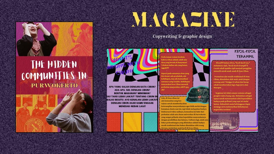 Desain majalah modern dengan tema komunitas tersembunyi di Purwokerto, cocok untuk inspirasi konten kreatif dan desain majalah online.