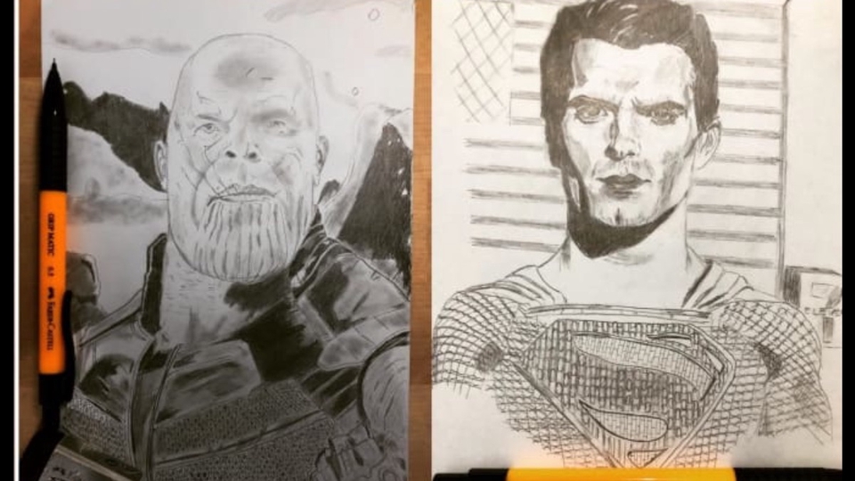 Jasa Lukis Wajah Hitam Putih, Gambar Karikatur Thanos dan Superman, Desain Vektor, Ilustrasi Potret Freelance