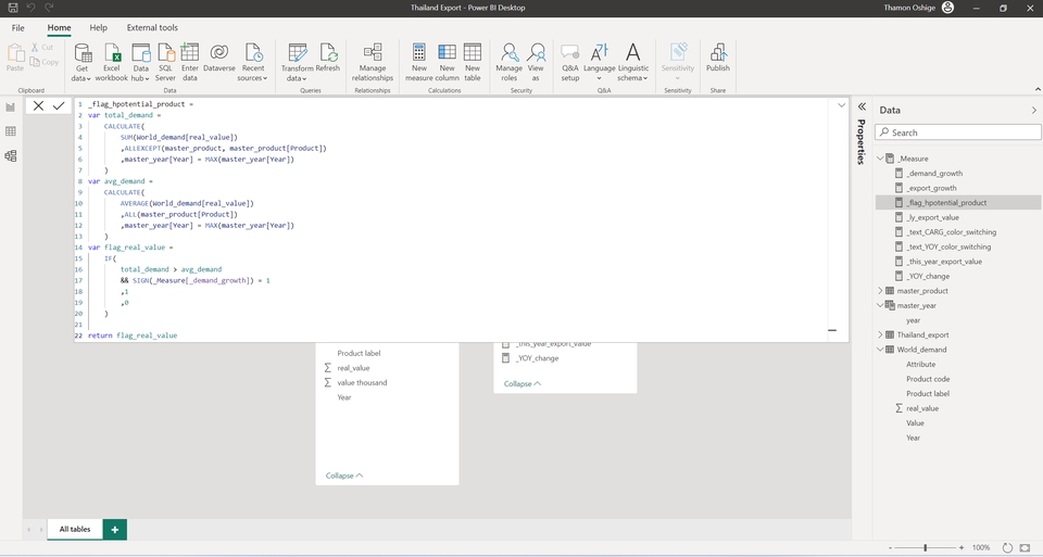 ภาพหน้าจอแสดงโค้ดการวิเคราะห์ข้อมูลในโปรแกรม Power BI