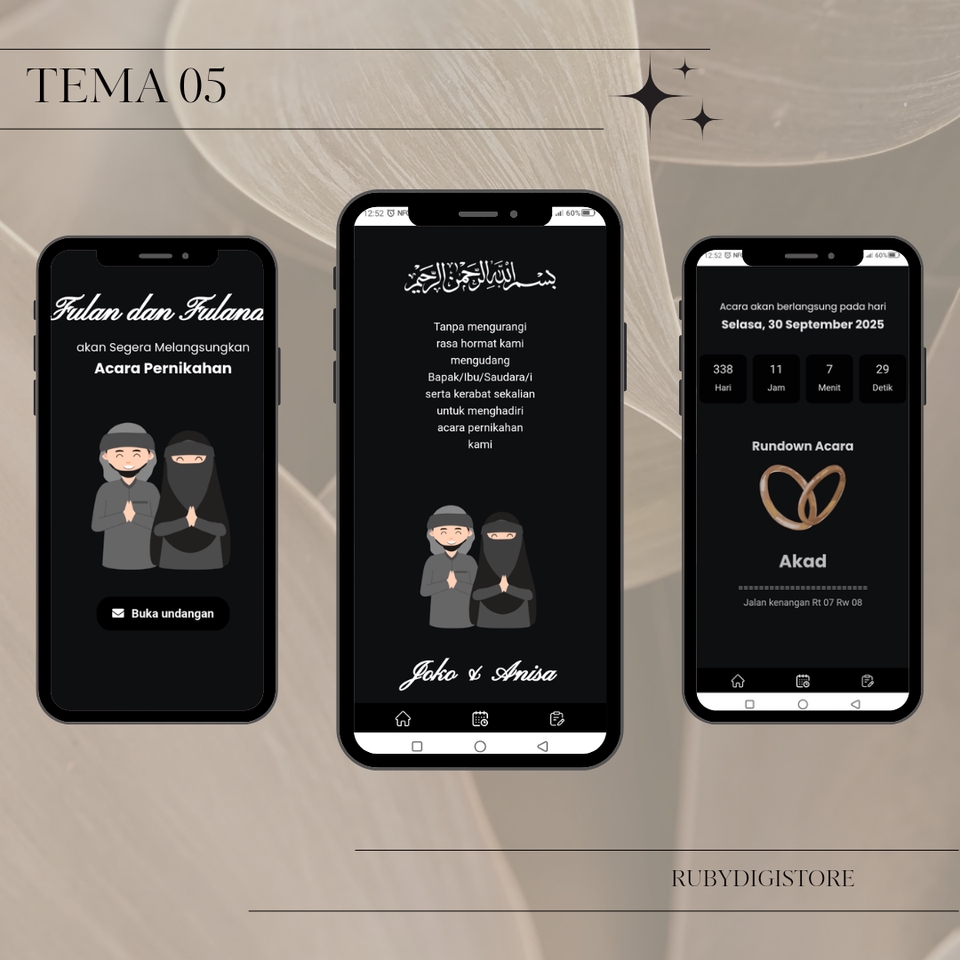 Jasa pembuatan kartu ucapan pernikahan dengan desain modern dan elegan, menampilkan gambar pengantin pria dan wanita.