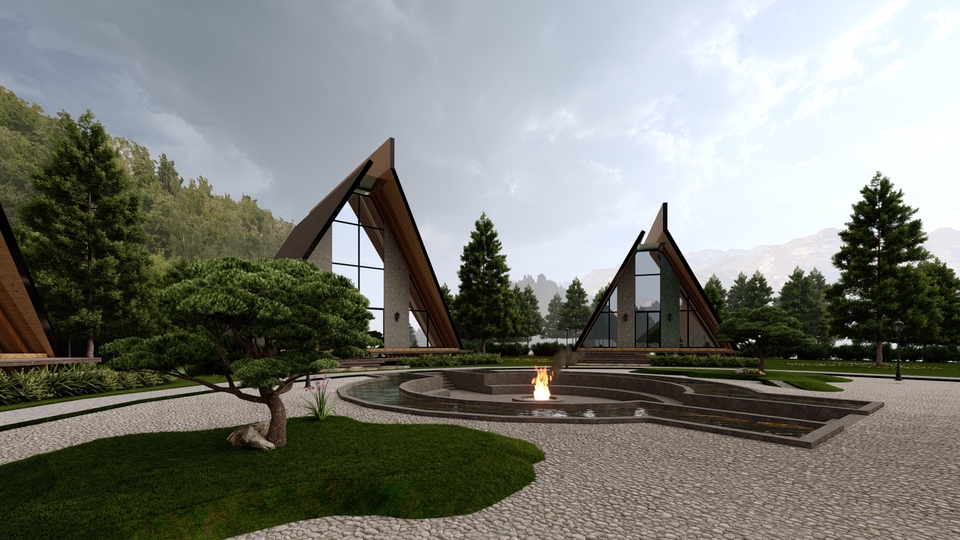 Jasa desain arsitektur rumah minimalis modern dengan kolam renang dan taman hijau.