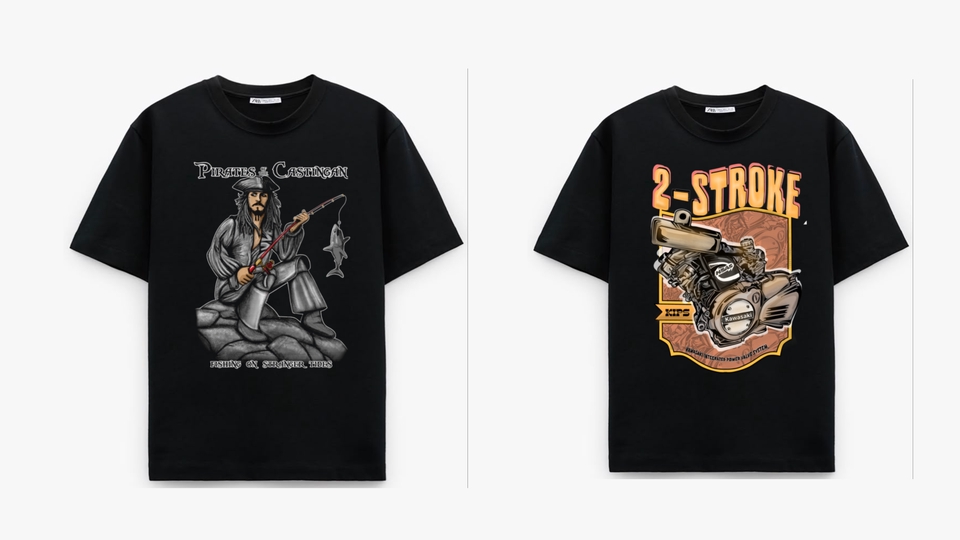 Desain kaos distro dengan motif gambar bajak laut memegang senjata dan tulisan "Pirates & Captain" serta desain kaos hitam dengan gambar motor dan tulisan "2-stroke".