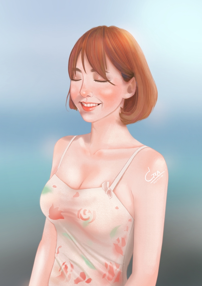 รับวาดภาพเหมือน ผู้หญิงผมสีน้ำตาลแดง ใส่ชุดสายเดี่ยวลายดอกไม้