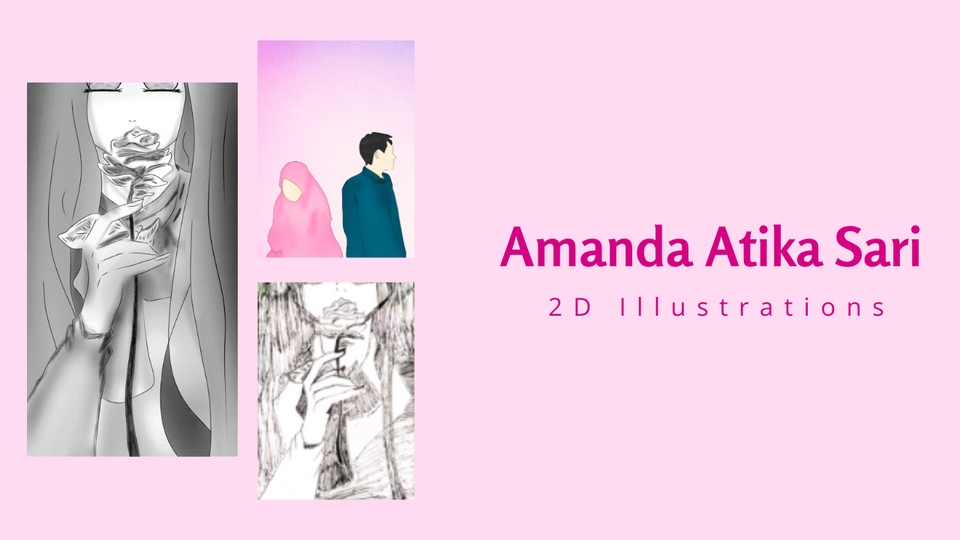 Ilustrasi digital wanita memegang bunga mawar dengan latar belakang pink dan putih. Jasa ilustrasi, jasa desain ilustrasi, ilustrasi digital.