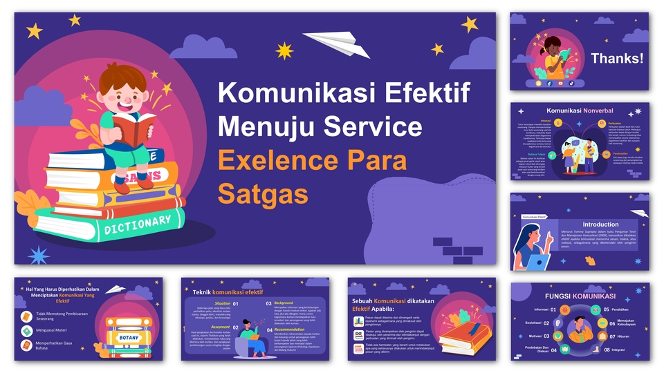 Jasa desain presentasi powerpoint dengan tema komunikasi efektif untuk meningkatkan service excellence di perusahaan.