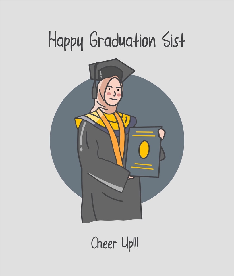 Jasa pembuatan karikatur wajah muslimah dengan topi wisuda, gambar ilustrasi vektor warna.