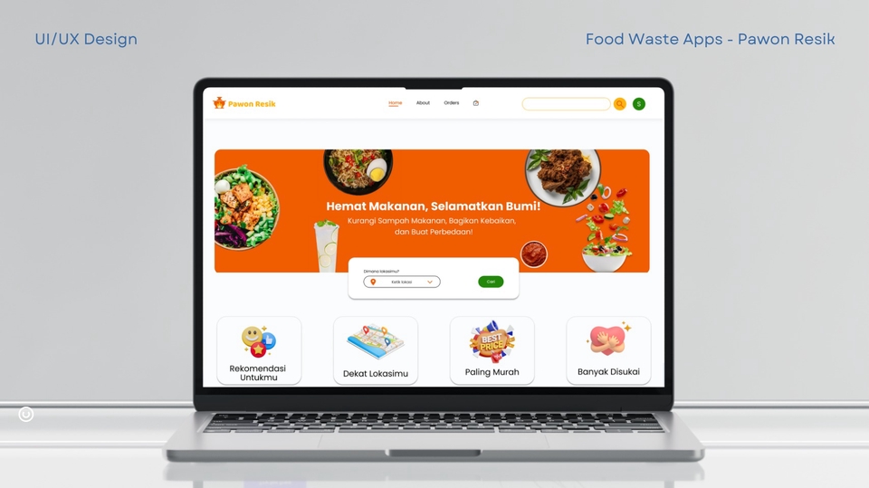 Jasa Desain UI UX untuk Aplikasi Makanan - Pawon Resik - Desain Aplikasi Mobile untuk Membantu Mengurangi Limbah Makanan - Desain Mockup untuk Platform Freelance - UI UX Website Desain - User Experience Design