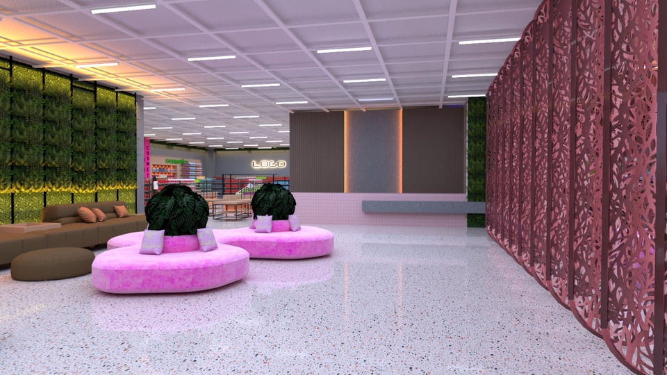 Jasa desain interior 3D cafe minimalis modern dengan desain unik dan modern.