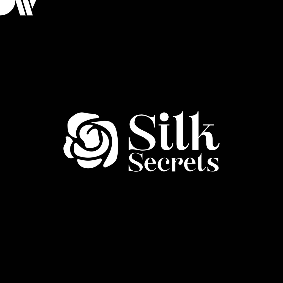 Logo desain Silk Secrets dengan bunga mawar putih dan tulisan Silk Secrets
