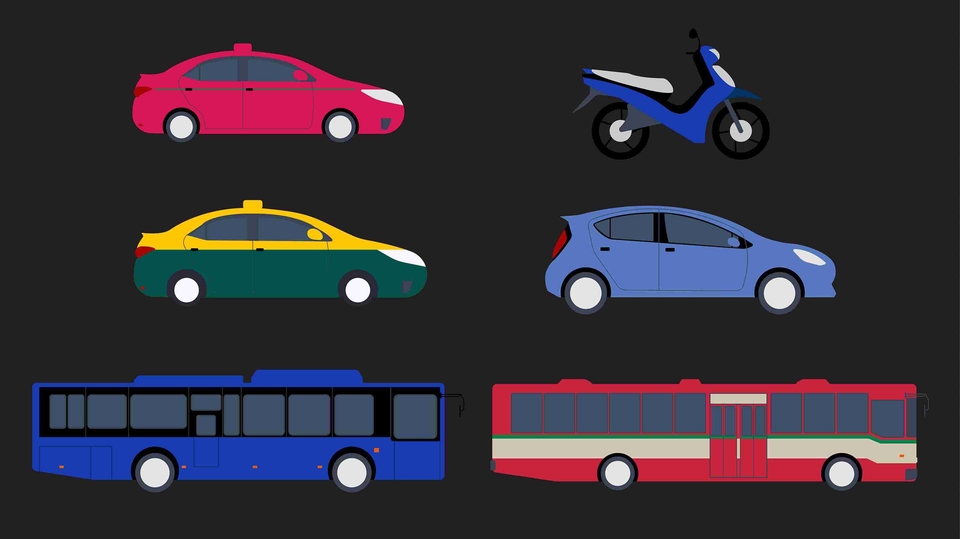 ภาพวาดเวกเตอร์ รถยนต์ รถบัส รถจักรยานยนต์ รถไฟฟ้า