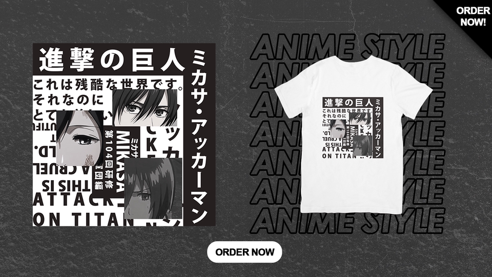 Desain kaos anime custom dengan gambar karakter attack on titan dan tulisan dalam bahasa Jepang. Jasa desain kaos distro, desain kaos keren, desain kaos custom, desain kaos anak, desain baju kaos.