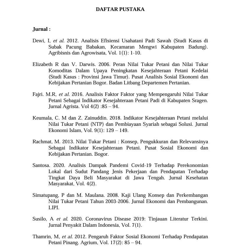 Daftar Pustaka tentang Jurnal Nilai Tukar Petani dan Faktor Kesejahteraan Petani di Indonesia.