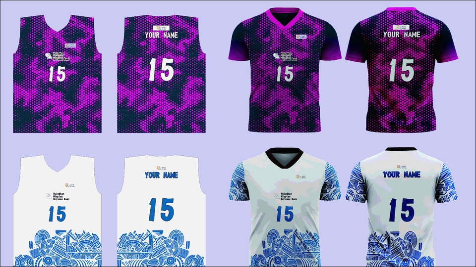 Desain jersey olahraga dengan warna ungu dan biru muda dengan kombinasi desain unik.
