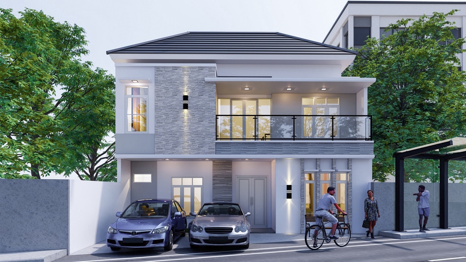 Jasa desain arsitektur rumah minimalis modern dengan balkon dan taman depan.