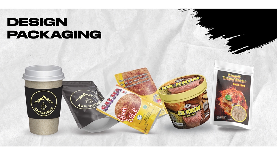 Jasa desain kemasan makanan unik dan menarik untuk meningkatkan brand awareness produk Anda. Desain kemasan kotak, box, botol, sachet, cup, plastik, label, stiker produk makanan Anda.