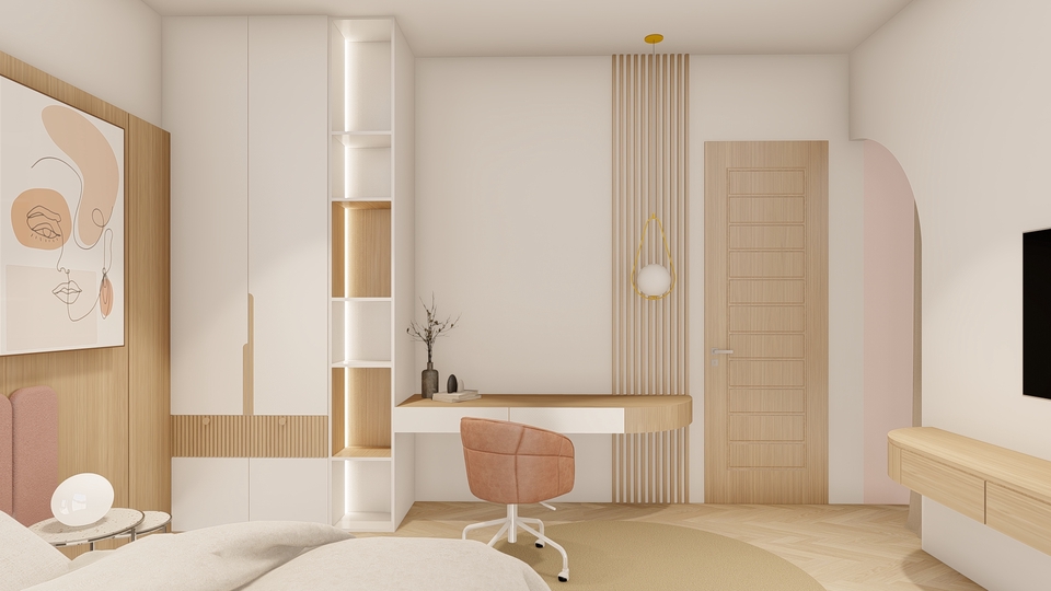 รับออกแบบตกแต่งภายในบ้านสไตล์โมเดิร์น ห้องนอนสวยโทนสีขาวชมพู ออกแบบห้องทำงาน รีโนเวทบ้าน ตกแต่งคอนโด