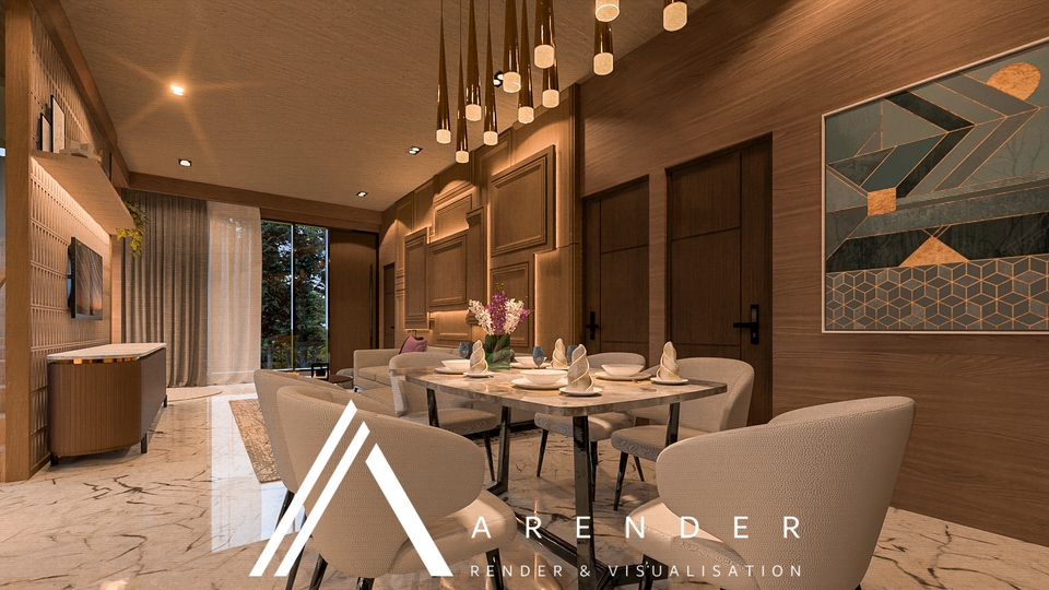 Jasa desain interior ruang makan minimalis dengan konsep modern dan estetis. Gunakan jasa desain interior untuk hasil maksimal.