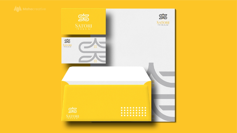 Desain kartu nama perusahaan dengan logo dan warna kuning untuk branding usaha