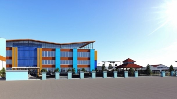Jasa desain exterior 3d untuk bangunan sekolah modern dengan desain minimalis dan unik.