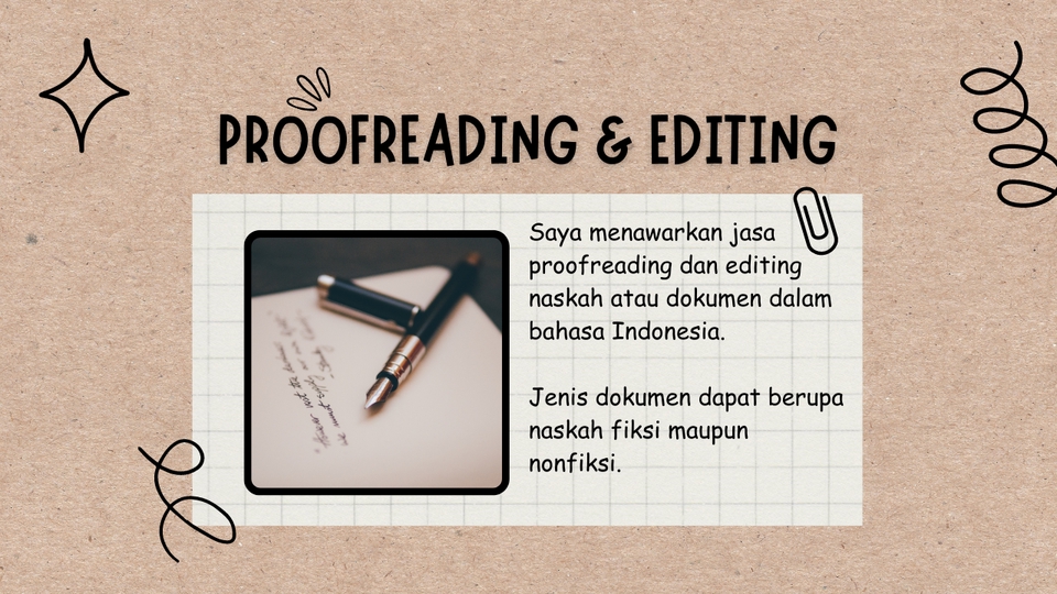 Jasa proofreading dan editing naskah bahasa Indonesia, untuk jurnal, skripsi, tesis, dan dokumen lainnya.