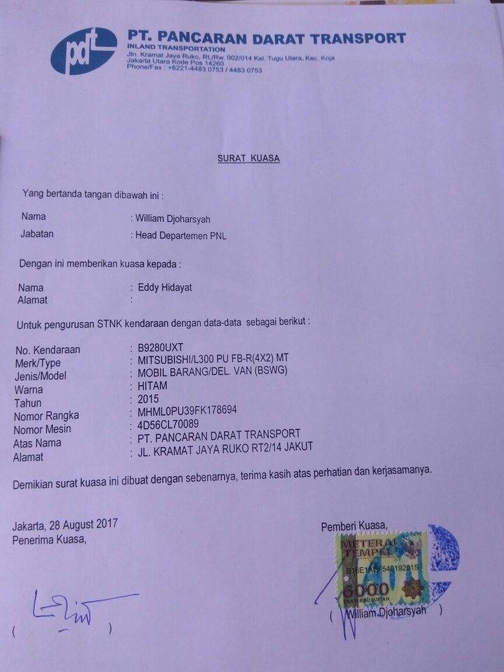 Surat kuasa data entry untuk pengurusan STNK kendaraan dengan data detail kendaraan, nama pemberi kuasa, dan penerima kuasa.