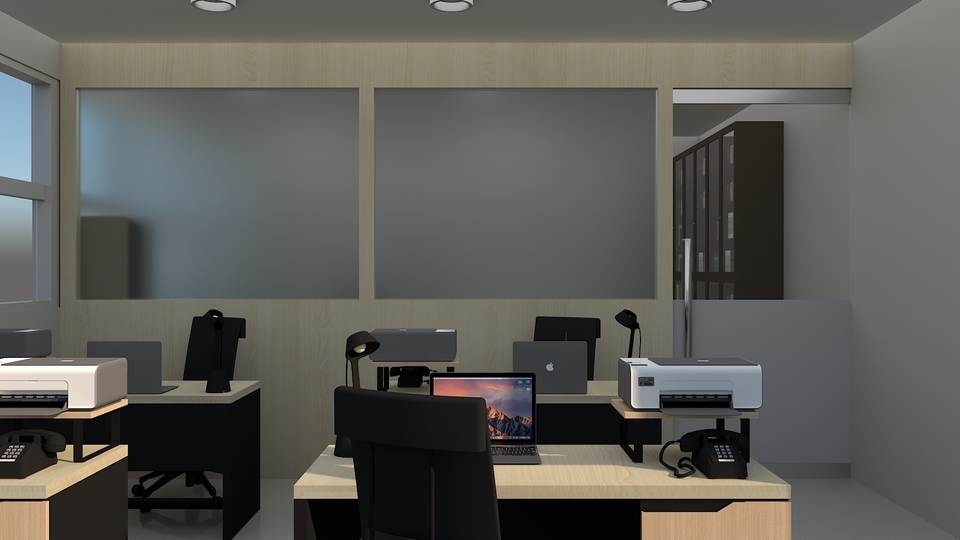 Desain Interior Kantor Modern dengan Meja Kerja dan Printer 3D - Jasa Desain Interior Kantor Minimalis