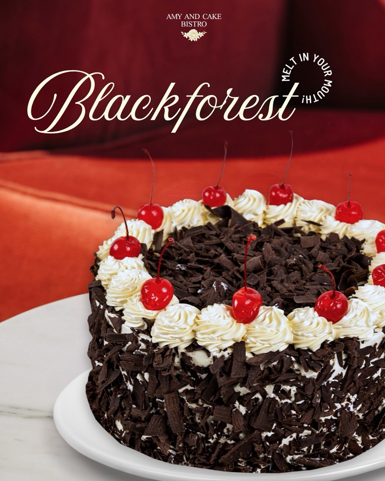 Desain kue Blackforest, kue ulang tahun, Amy and Cake Bistro, desain makanan, desain grafis makanan, jasa desain kue, gambar kue Blackforest.