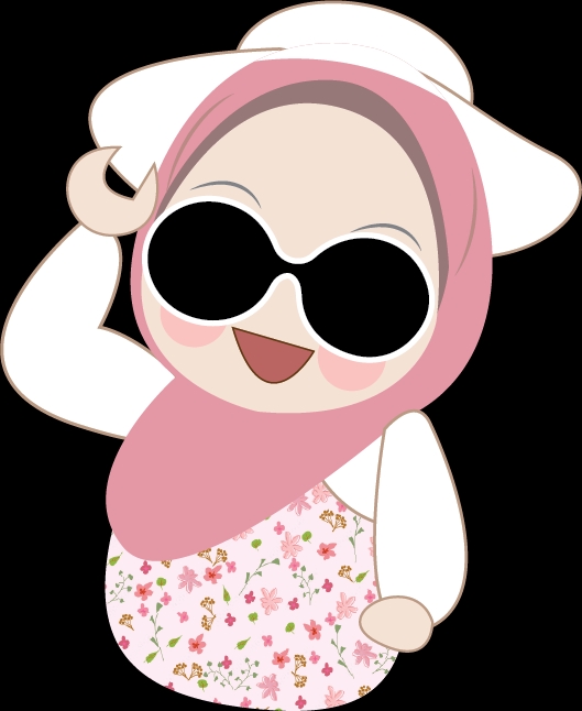 Ilustrasi kartun lucu wanita berhijab dengan kacamata hitam dan pakaian floral sedang tersenyum