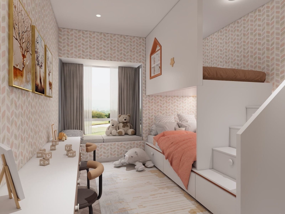 Desain interior kamar tidur anak minimalis dengan tempat tidur bertingkat dan meja belajar